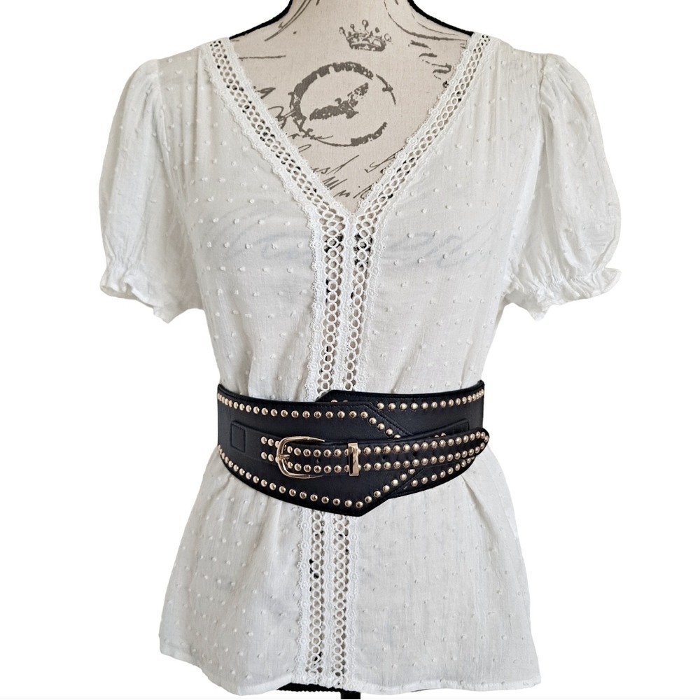 Wide black faux leather gold buckle studded Belt corset stretch punk Statement - Picture 4 of 10